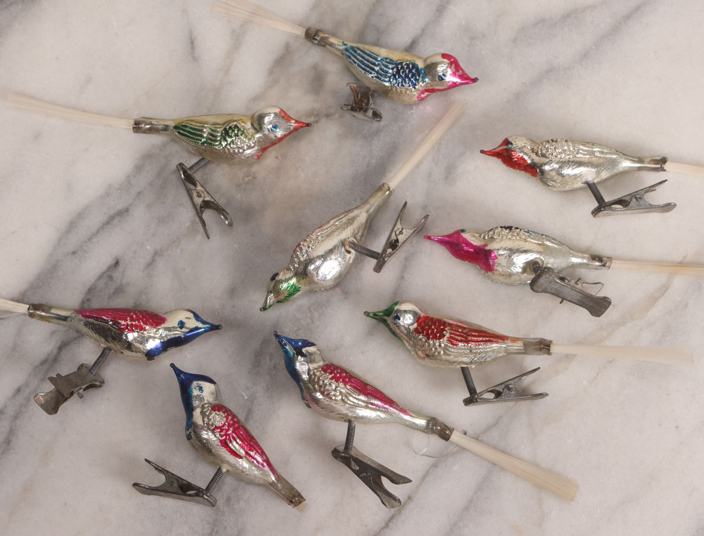 Lot 099 - Grouping Of Nine Vintage Mercury Glass Clip-On Bird Christmas Ornaments, Made In Japan, 5-1/2" L Each