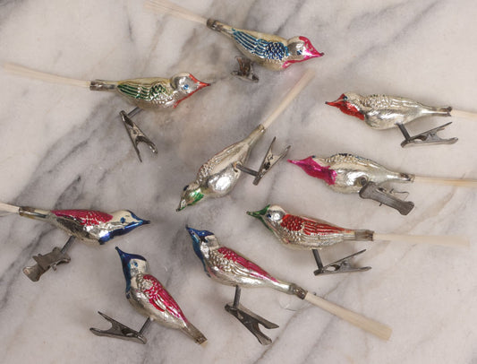 Lot 099 - Grouping Of Nine Vintage Mercury Glass Clip-On Bird Christmas Ornaments, Made In Japan, 5-1/2" L Each