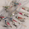 Lot 099 - Grouping Of Nine Vintage Mercury Glass Clip-On Bird Christmas Ornaments, Made In Japan, 5-1/2" L Each