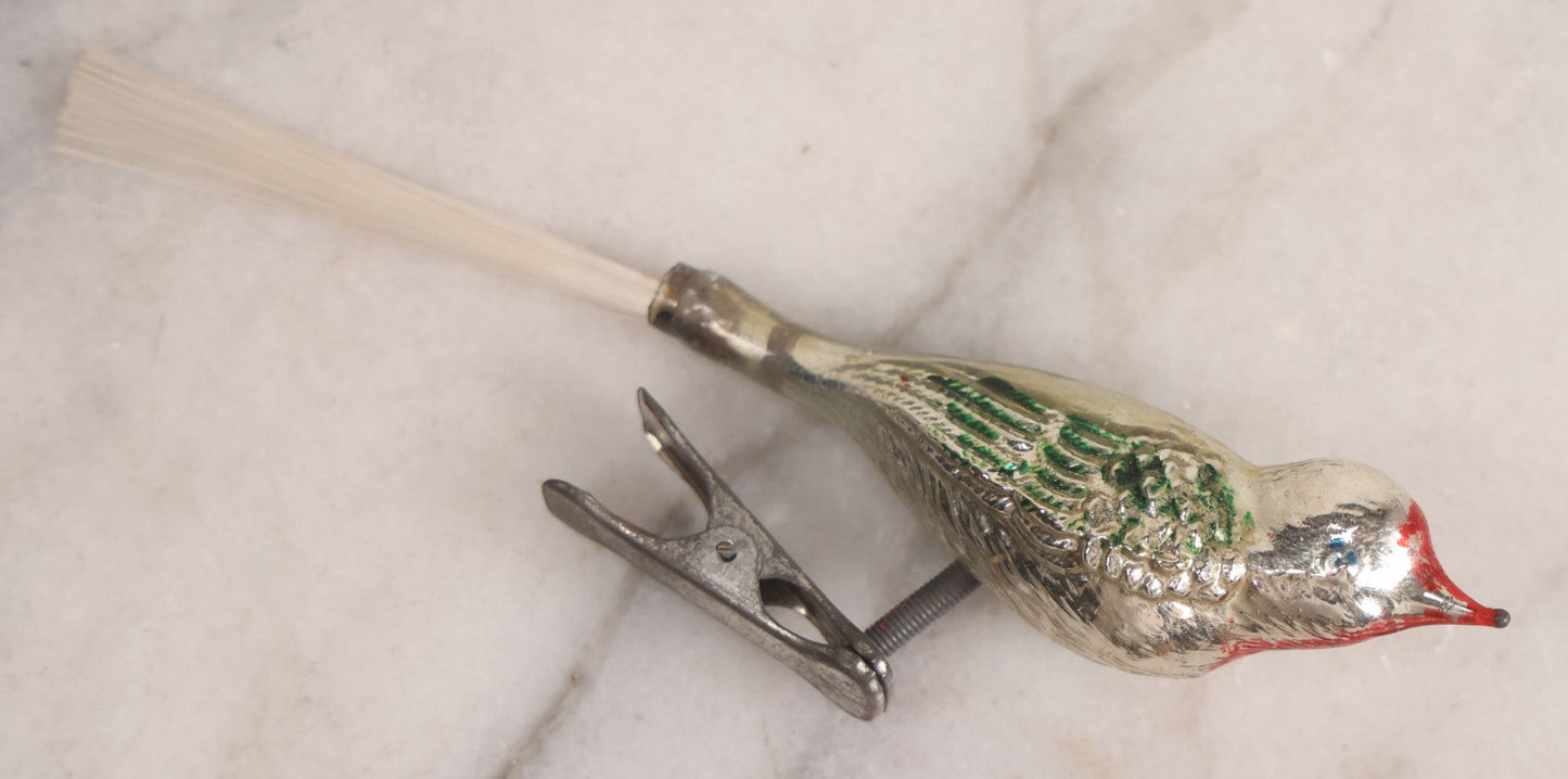 Lot 099 - Grouping Of Nine Vintage Mercury Glass Clip-On Bird Christmas Ornaments, Made In Japan, 5-1/2" L Each