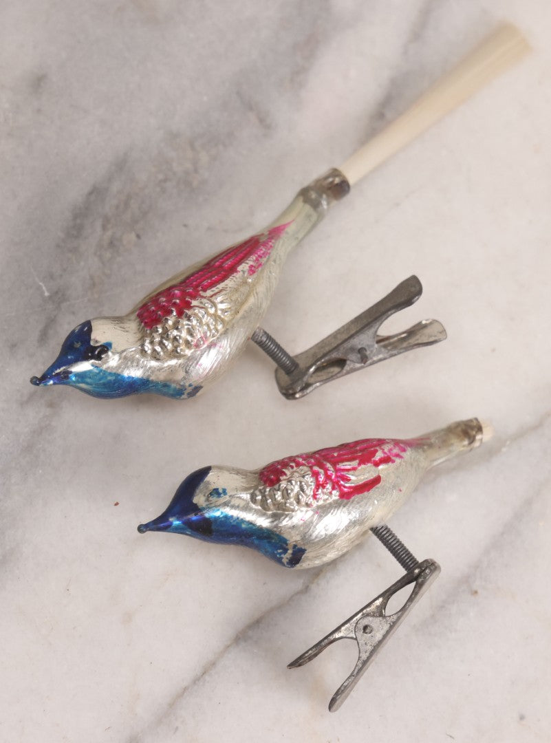 Lot 099 - Grouping Of Nine Vintage Mercury Glass Clip-On Bird Christmas Ornaments, Made In Japan, 5-1/2" L Each