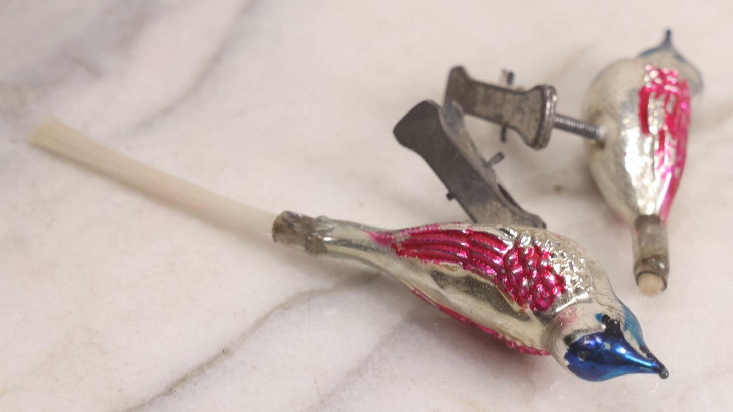 Lot 099 - Grouping Of Nine Vintage Mercury Glass Clip-On Bird Christmas Ornaments, Made In Japan, 5-1/2" L Each