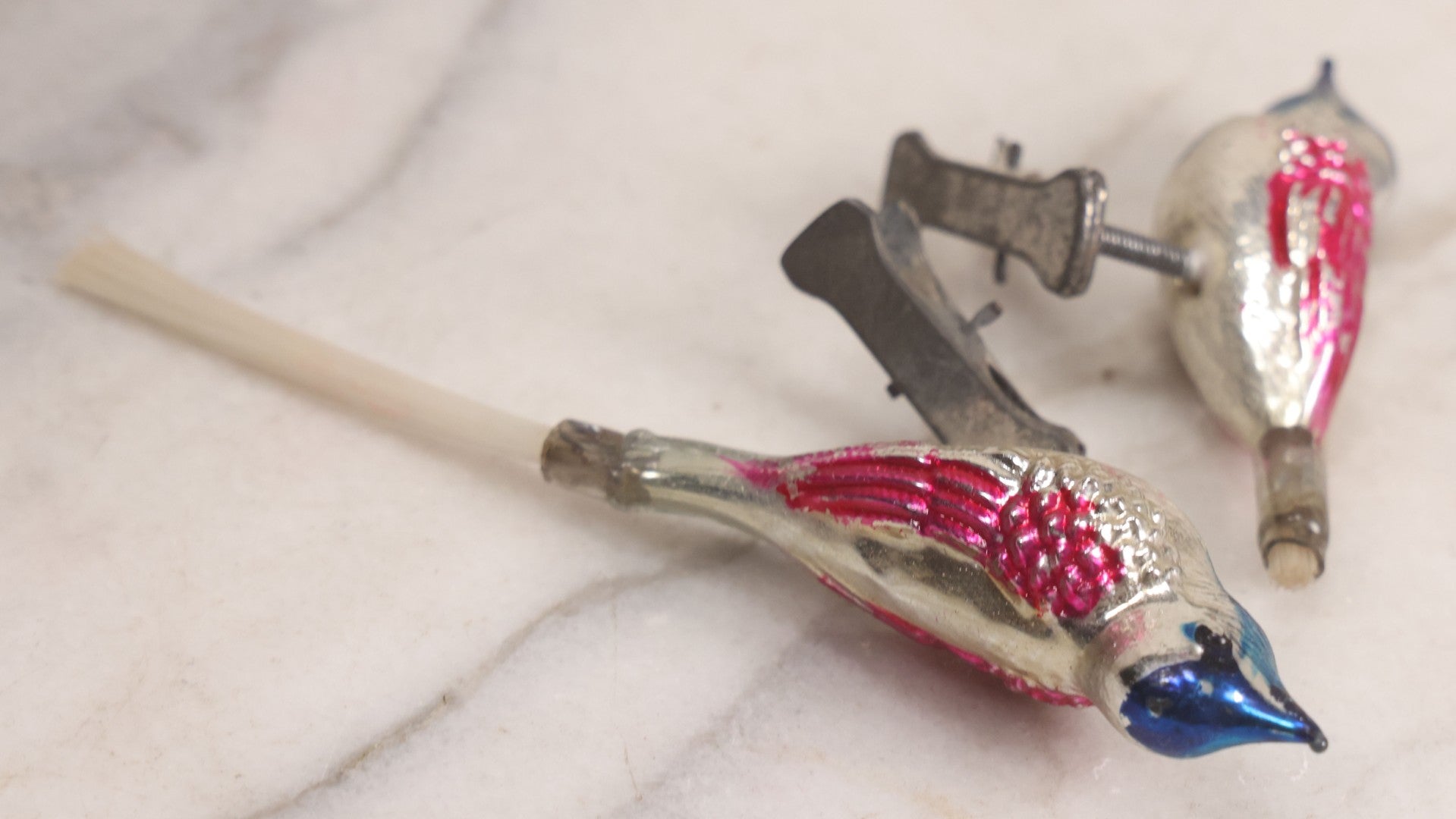 Lot 099 - Grouping Of Nine Vintage Mercury Glass Clip-On Bird Christmas Ornaments, Made In Japan, 5-1/2" L Each