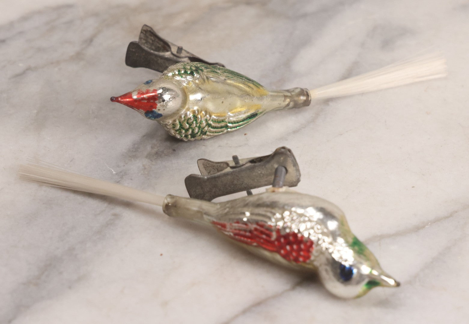 Lot 099 - Grouping Of Nine Vintage Mercury Glass Clip-On Bird Christmas Ornaments, Made In Japan, 5-1/2" L Each