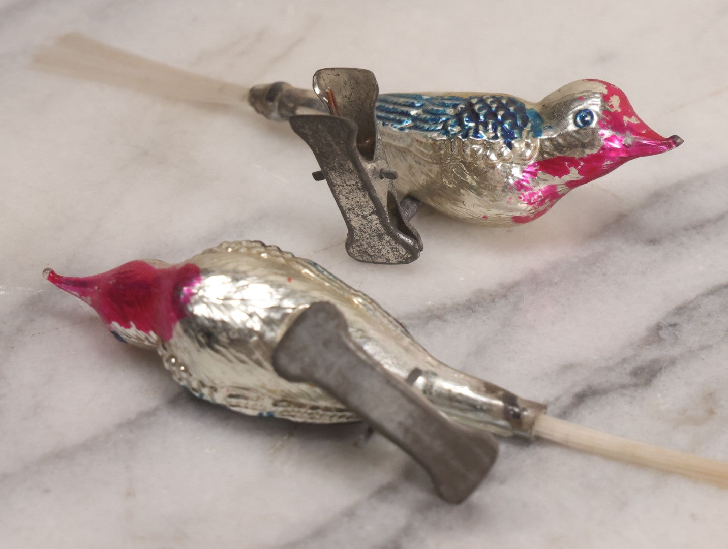 Lot 099 - Grouping Of Nine Vintage Mercury Glass Clip-On Bird Christmas Ornaments, Made In Japan, 5-1/2" L Each