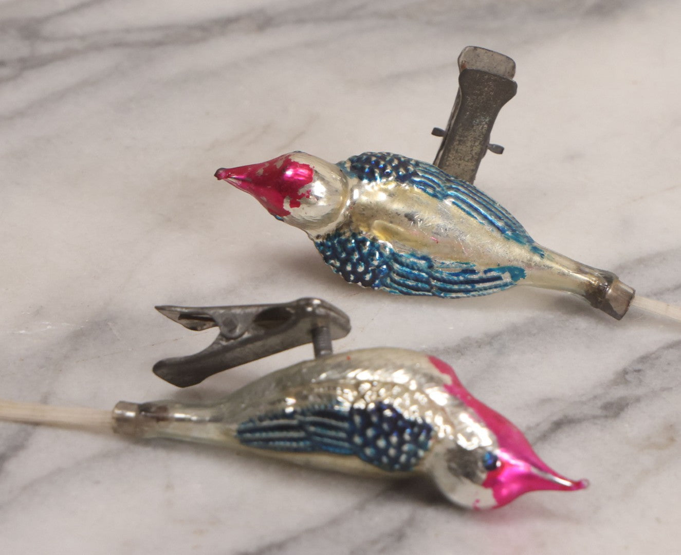 Lot 099 - Grouping Of Nine Vintage Mercury Glass Clip-On Bird Christmas Ornaments, Made In Japan, 5-1/2" L Each