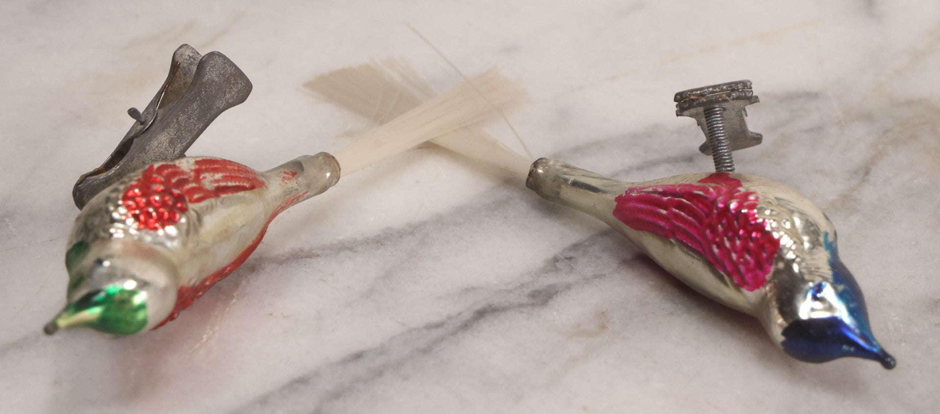 Lot 099 - Grouping Of Nine Vintage Mercury Glass Clip-On Bird Christmas Ornaments, Made In Japan, 5-1/2" L Each