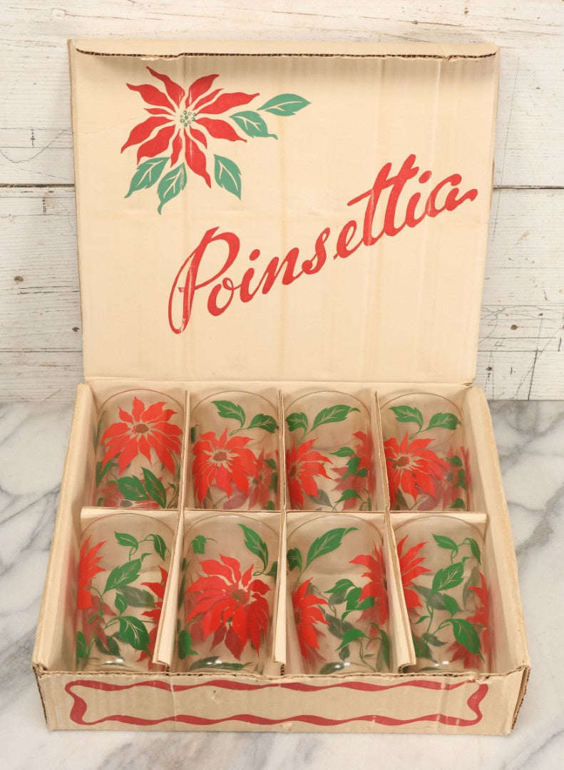 Lot 100 - Vintage Set Of Eight Poinsettia Tumblers In Original Box, Glasses 5" H Each