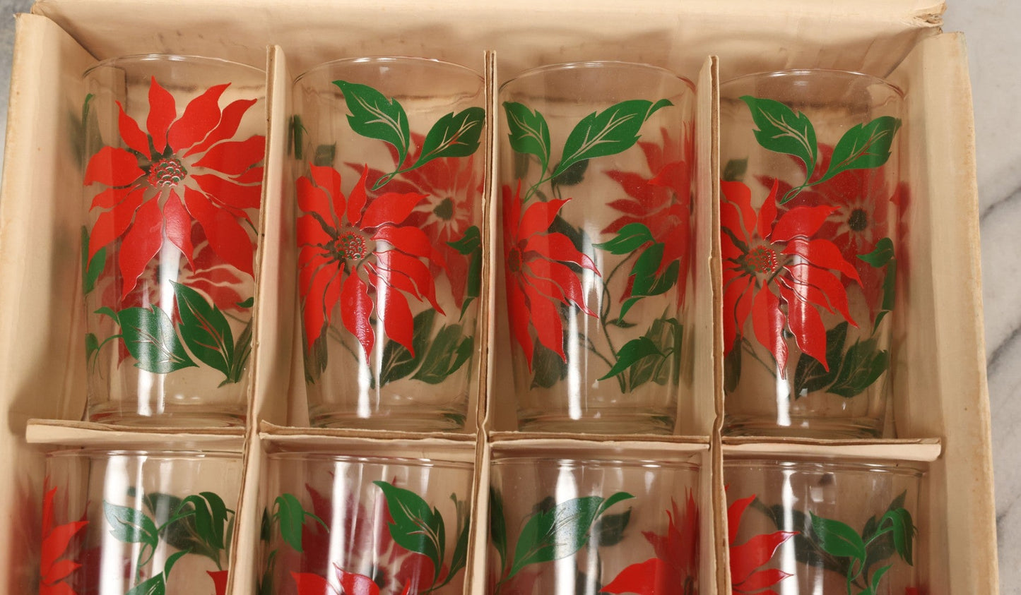 Lot 100 - Vintage Set Of Eight Poinsettia Tumblers In Original Box, Glasses 5" H Each