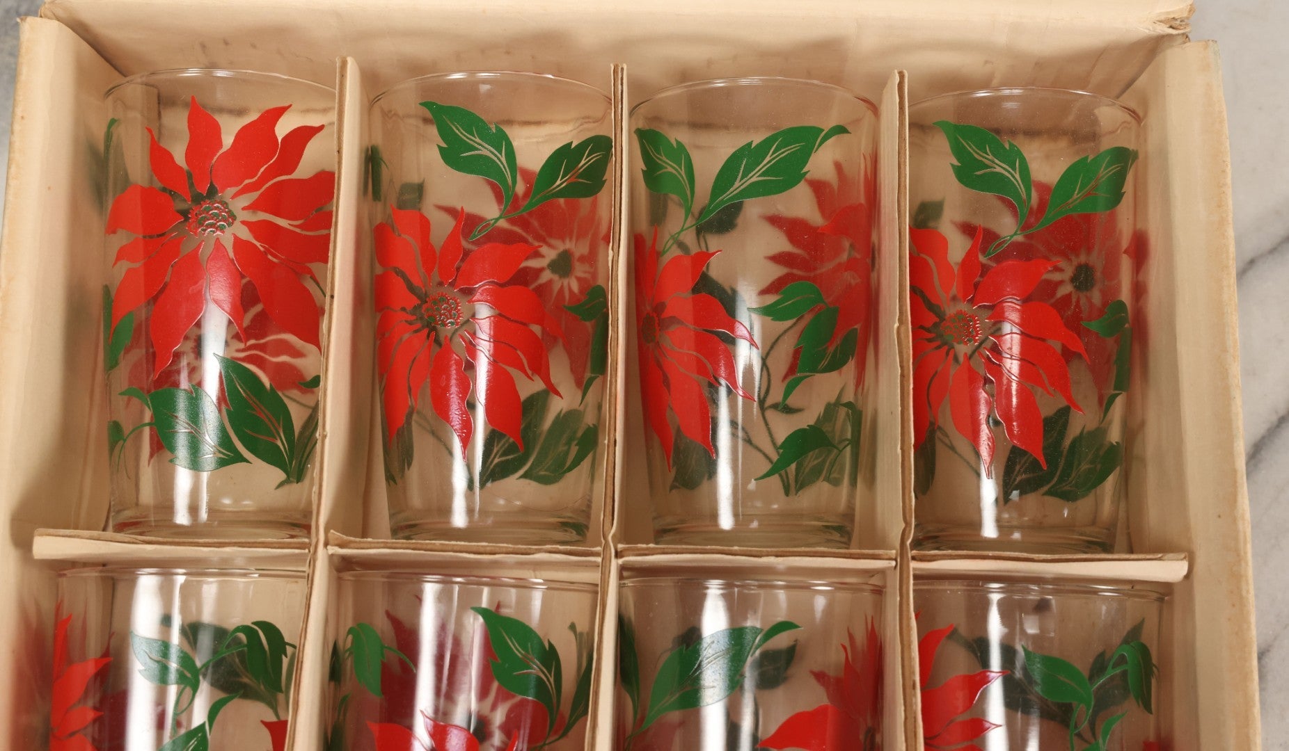 Lot 100 - Vintage Set Of Eight Poinsettia Tumblers In Original Box, Glasses 5" H Each