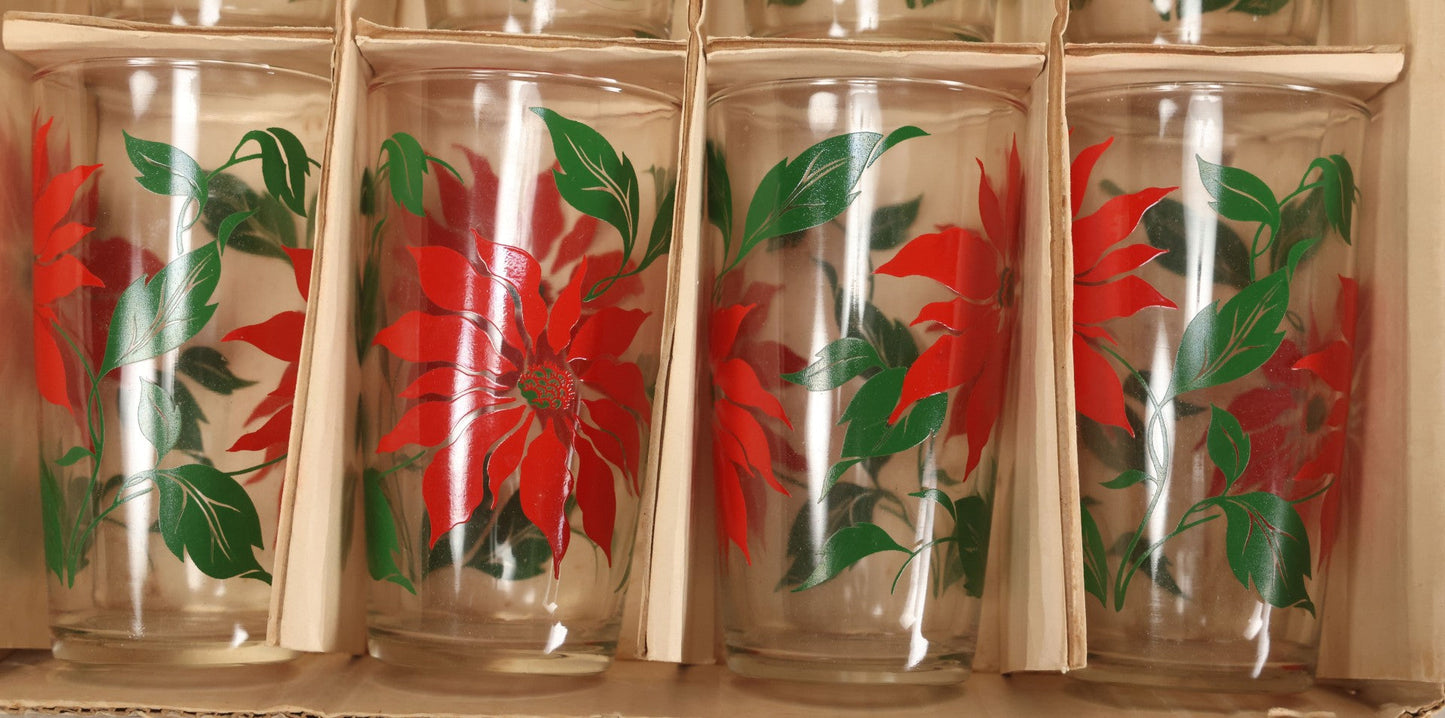 Lot 100 - Vintage Set Of Eight Poinsettia Tumblers In Original Box, Glasses 5" H Each