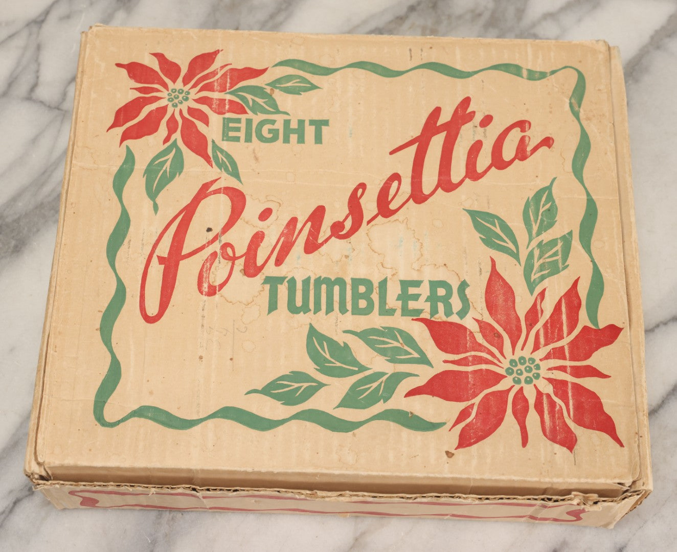 Lot 100 - Vintage Set Of Eight Poinsettia Tumblers In Original Box, Glasses 5" H Each