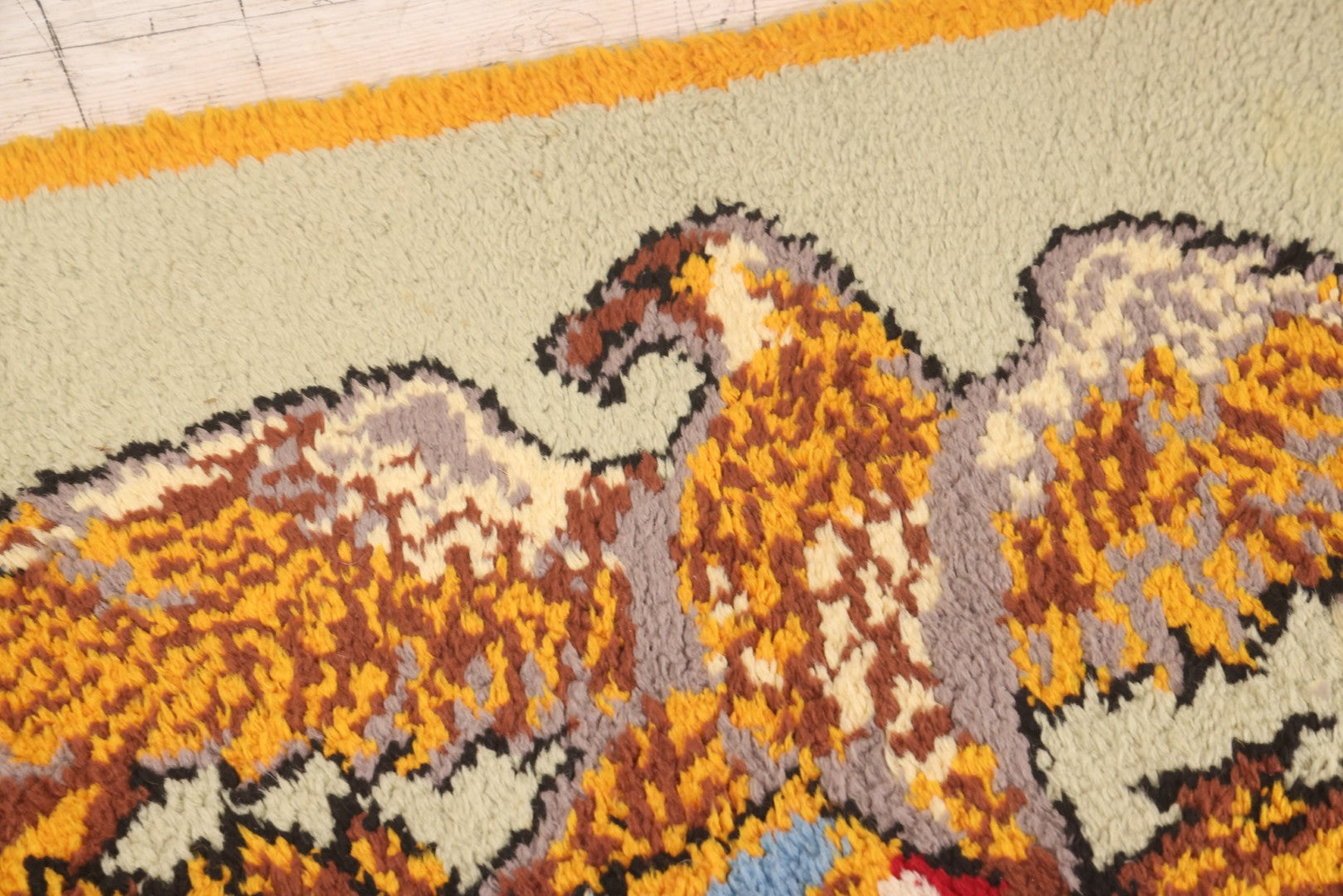 Lot 101 - Vintage Handmade Shag Rug Depicting Patriotic Eagle With American Shield, Made By Rosella Considine, Minor Staining And Wear, 49" x 30"