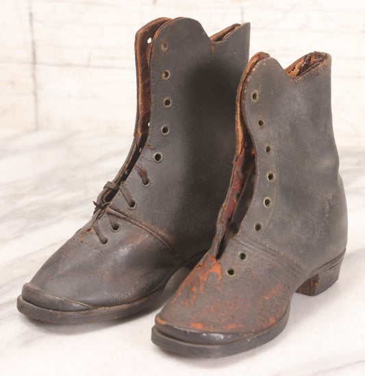 Lot 103 - Pair Of Antique Children's Leather Lace-Up Boots, Both Left Feet, Different Sizes, Circa 1890s-1920s