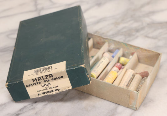 Lot 108 - Vintage Malfa Artists' Oil Color Box Gold Oro Metallic Bronze By F. Weber Co., Philadelphia, With Various Oil Pastels