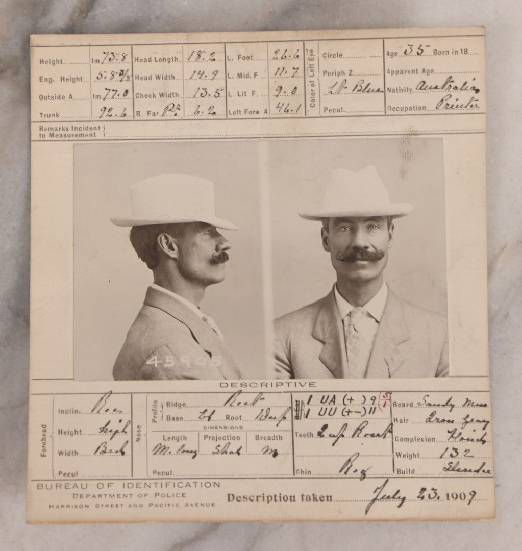 Lot 110 - Antique Real-Photo Police Mugshot And Arrest Card For West Freeman, Arrested For Burglary, July 22, 1909, Bureau Of Identification, Department Of Police, City Of Chicago