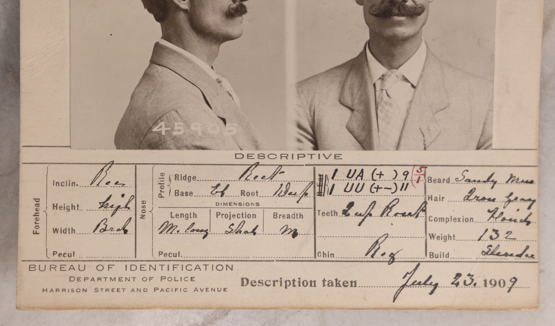 Lot 110 - Antique Real-Photo Police Mugshot And Arrest Card For West Freeman, Arrested For Burglary, July 22, 1909, Bureau Of Identification, Department Of Police, City Of Chicago