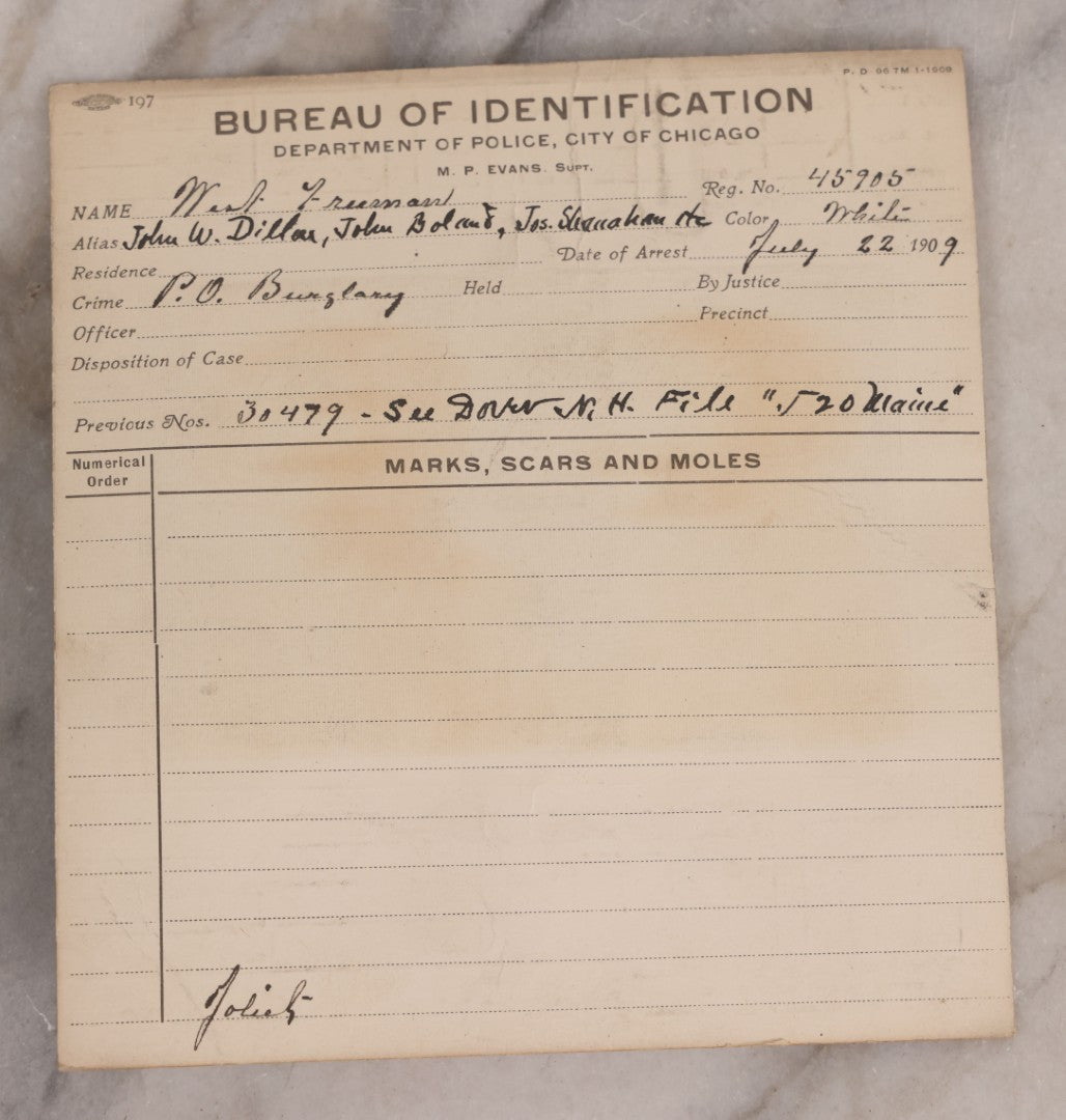 Lot 110 - Antique Real-Photo Police Mugshot And Arrest Card For West Freeman, Arrested For Burglary, July 22, 1909, Bureau Of Identification, Department Of Police, City Of Chicago