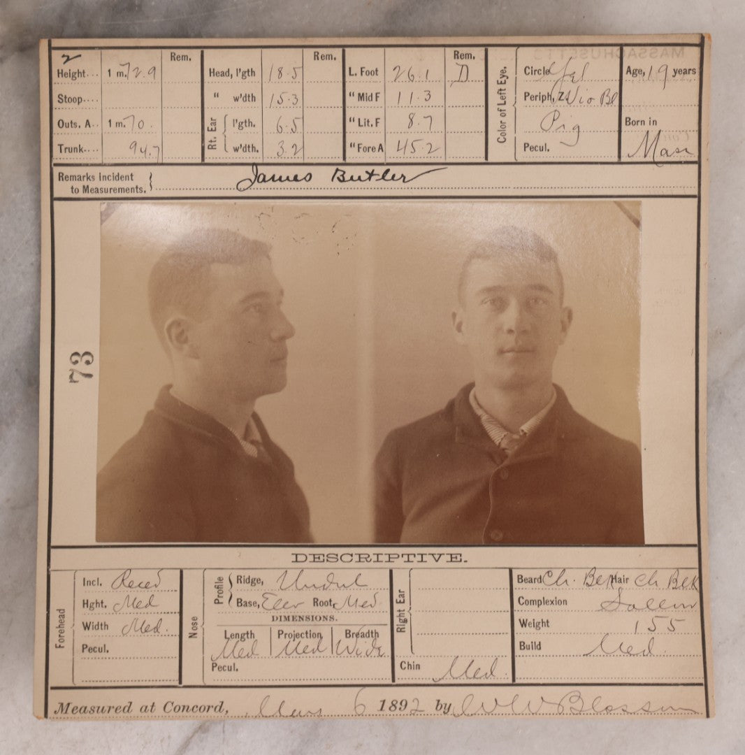 Lot 111 - Antique Real-Photo Police Mugshot And Arrest Card For James Butler, Arrested For Breaking And Entering, Massachusetts Reformatory, Concord, Massachusetts, 1892