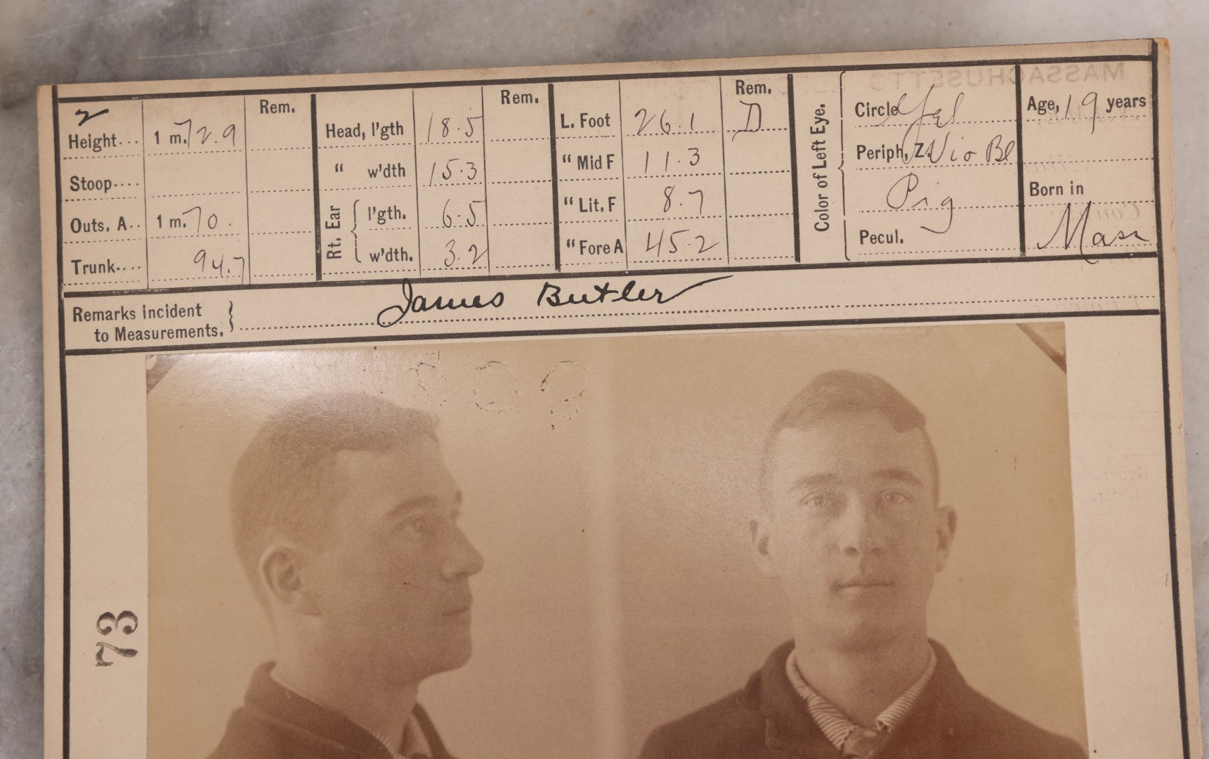 Lot 111 - Antique Real-Photo Police Mugshot And Arrest Card For James Butler, Arrested For Breaking And Entering, Massachusetts Reformatory, Concord, Massachusetts, 1892