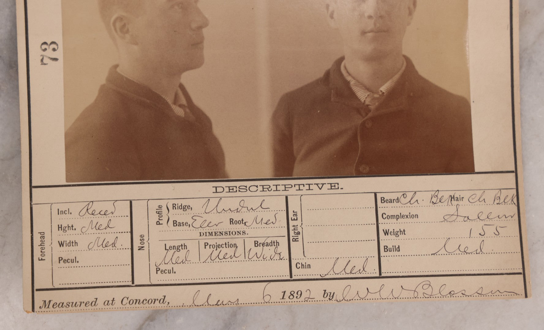Lot 111 - Antique Real-Photo Police Mugshot And Arrest Card For James Butler, Arrested For Breaking And Entering, Massachusetts Reformatory, Concord, Massachusetts, 1892