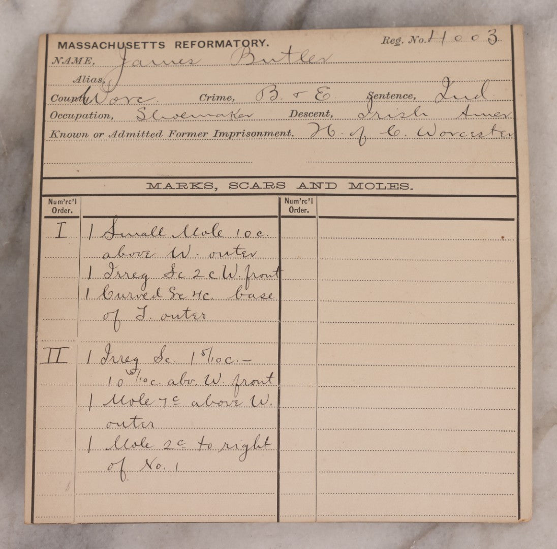 Lot 111 - Antique Real-Photo Police Mugshot And Arrest Card For James Butler, Arrested For Breaking And Entering, Massachusetts Reformatory, Concord, Massachusetts, 1892