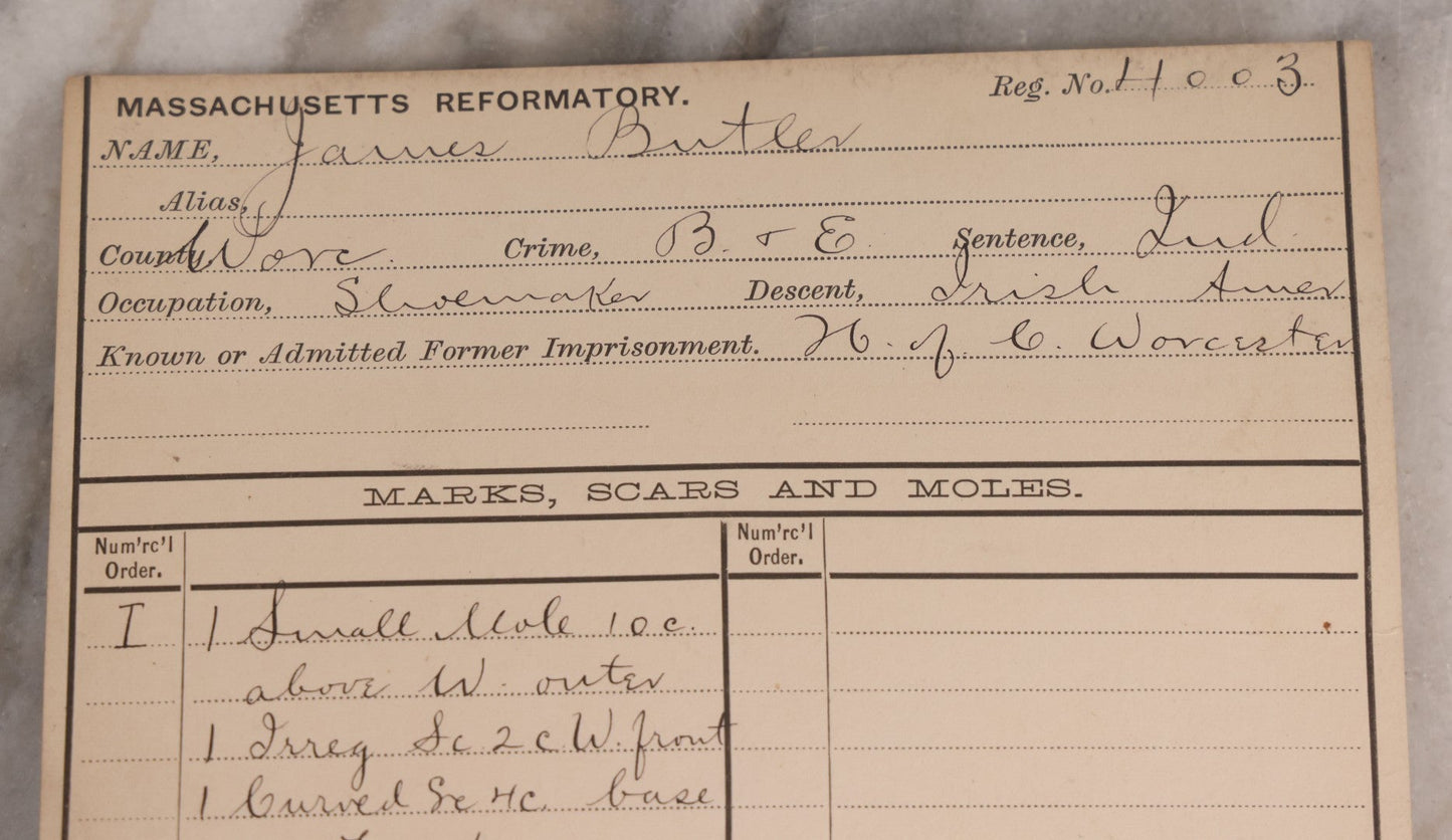 Lot 111 - Antique Real-Photo Police Mugshot And Arrest Card For James Butler, Arrested For Breaking And Entering, Massachusetts Reformatory, Concord, Massachusetts, 1892