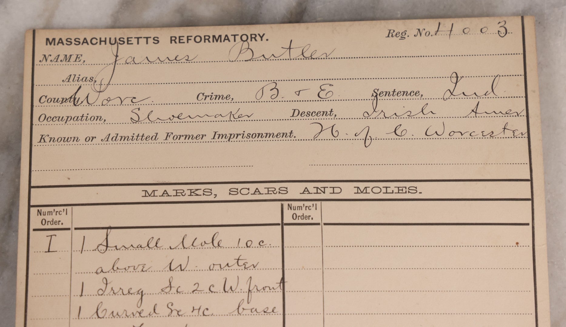 Lot 111 - Antique Real-Photo Police Mugshot And Arrest Card For James Butler, Arrested For Breaking And Entering, Massachusetts Reformatory, Concord, Massachusetts, 1892