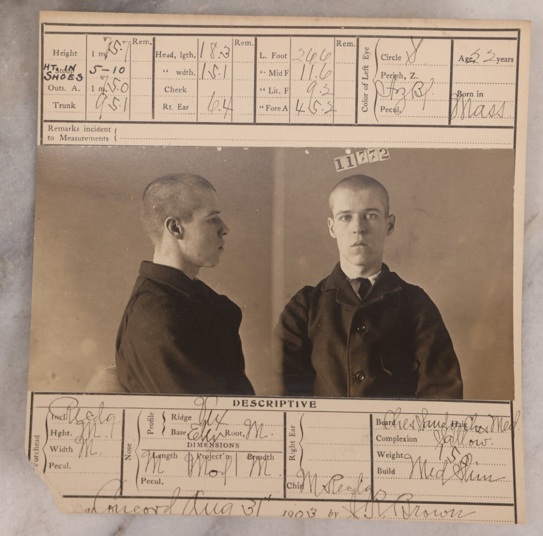 Lot 112 - Antique Real-Photo Police Mugshot And Arrest Card For Walter Stewart, Arrested For Larceny From A Conveyance (Vehicle Robbery), Massachusetts Reformatory, Concord, Massachusetts, 1903