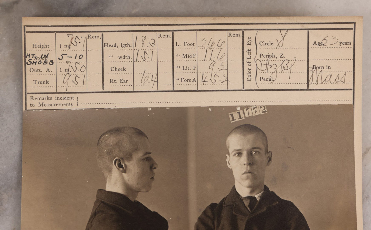 Lot 112 - Antique Real-Photo Police Mugshot And Arrest Card For Walter Stewart, Arrested For Larceny From A Conveyance (Vehicle Robbery), Massachusetts Reformatory, Concord, Massachusetts, 1903