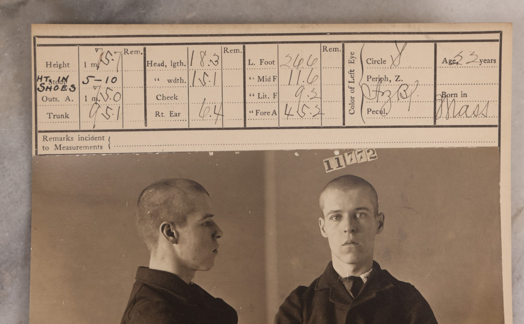 Lot 112 - Antique Real-Photo Police Mugshot And Arrest Card For Walter Stewart, Arrested For Larceny From A Conveyance (Vehicle Robbery), Massachusetts Reformatory, Concord, Massachusetts, 1903