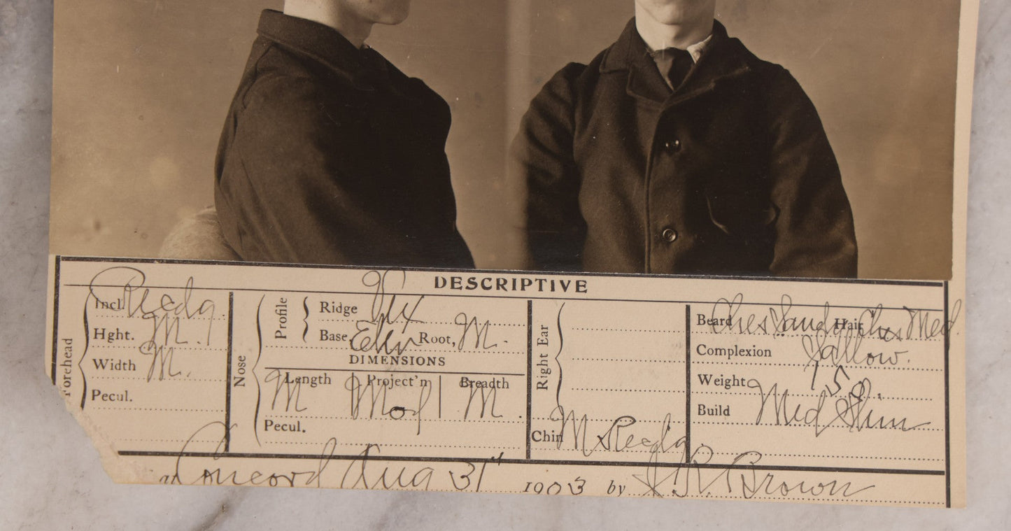 Lot 112 - Antique Real-Photo Police Mugshot And Arrest Card For Walter Stewart, Arrested For Larceny From A Conveyance (Vehicle Robbery), Massachusetts Reformatory, Concord, Massachusetts, 1903