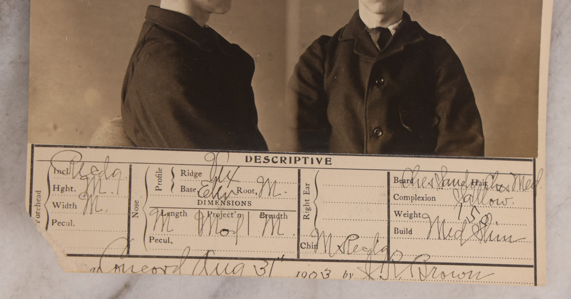 Lot 112 - Antique Real-Photo Police Mugshot And Arrest Card For Walter Stewart, Arrested For Larceny From A Conveyance (Vehicle Robbery), Massachusetts Reformatory, Concord, Massachusetts, 1903