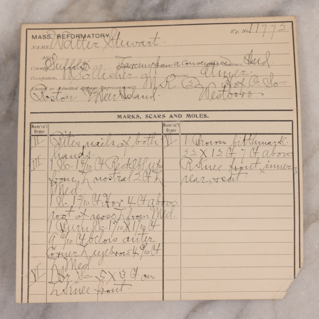 Lot 112 - Antique Real-Photo Police Mugshot And Arrest Card For Walter Stewart, Arrested For Larceny From A Conveyance (Vehicle Robbery), Massachusetts Reformatory, Concord, Massachusetts, 1903