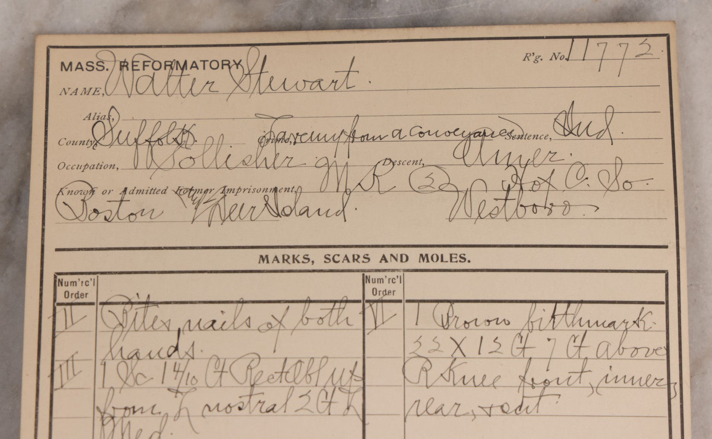 Lot 112 - Antique Real-Photo Police Mugshot And Arrest Card For Walter Stewart, Arrested For Larceny From A Conveyance (Vehicle Robbery), Massachusetts Reformatory, Concord, Massachusetts, 1903