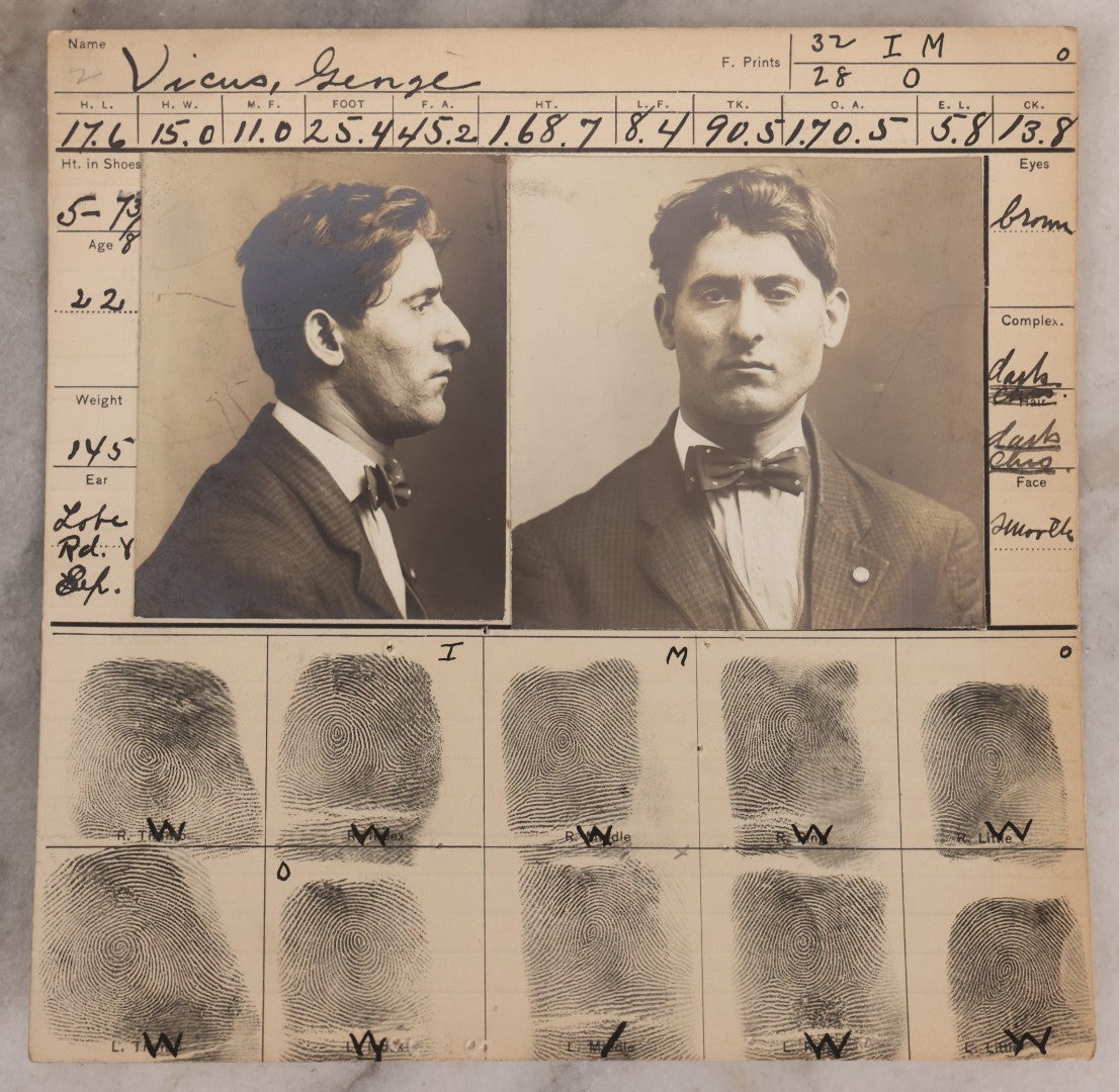 Lot 113 - Antique Real-Photo Police Mugshot And Arrest Card For George Vicus With Original Fingerprints, Arrested For Larceny, April 23, 1912