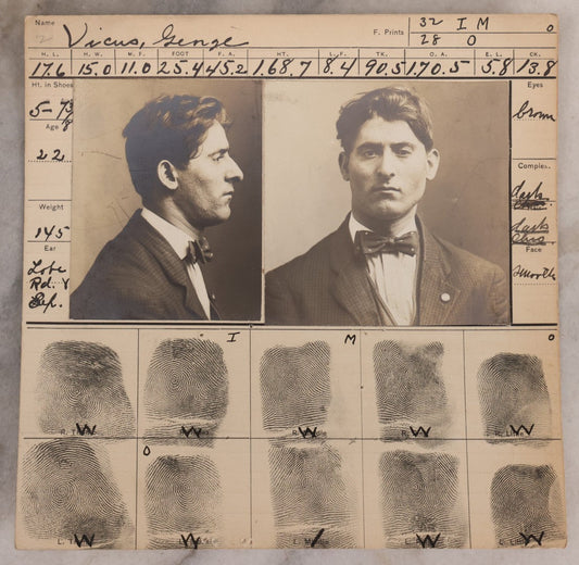Lot 113 - Antique Real-Photo Police Mugshot And Arrest Card For George Vicus With Original Fingerprints, Arrested For Larceny, April 23, 1912