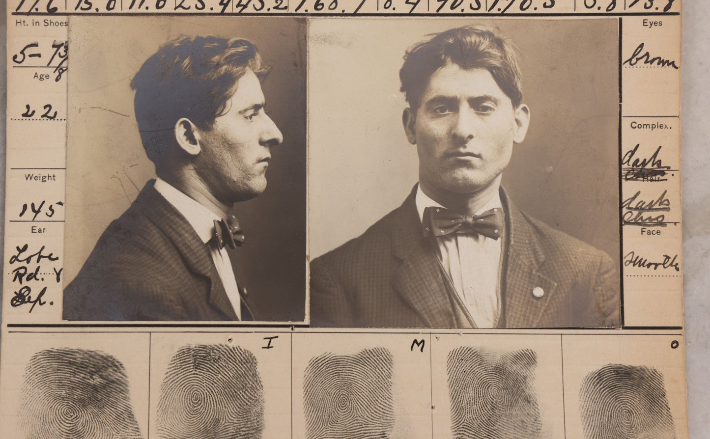 Lot 113 - Antique Real-Photo Police Mugshot And Arrest Card For George Vicus With Original Fingerprints, Arrested For Larceny, April 23, 1912