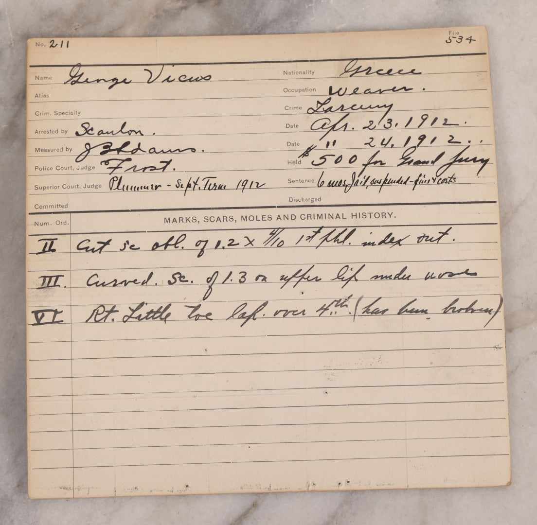 Lot 113 - Antique Real-Photo Police Mugshot And Arrest Card For George Vicus With Original Fingerprints, Arrested For Larceny, April 23, 1912