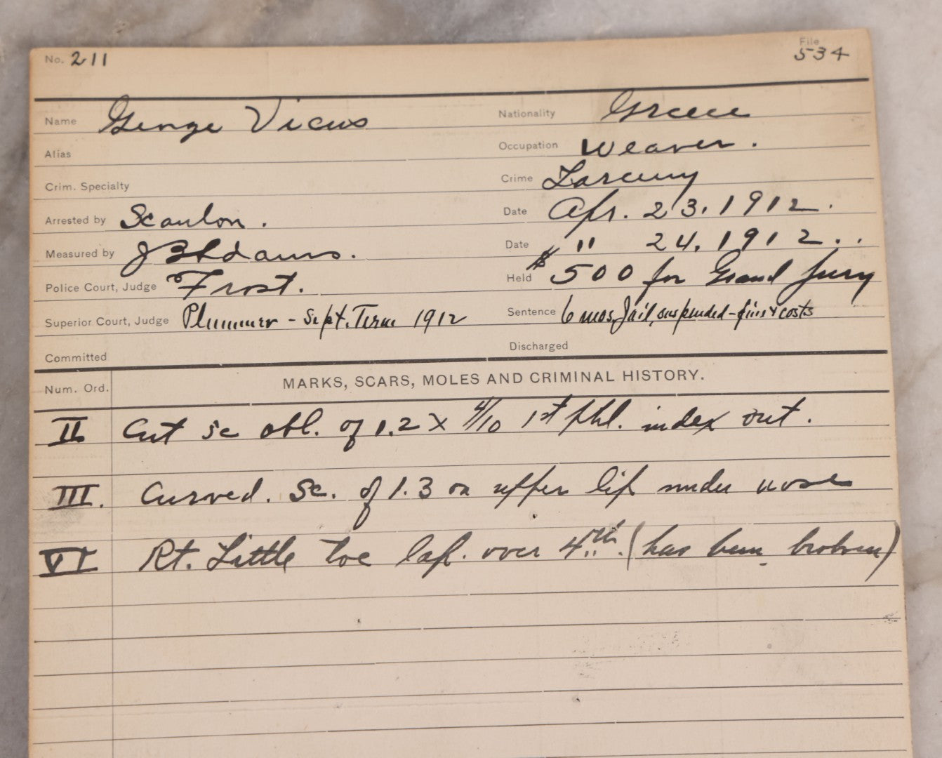 Lot 113 - Antique Real-Photo Police Mugshot And Arrest Card For George Vicus With Original Fingerprints, Arrested For Larceny, April 23, 1912