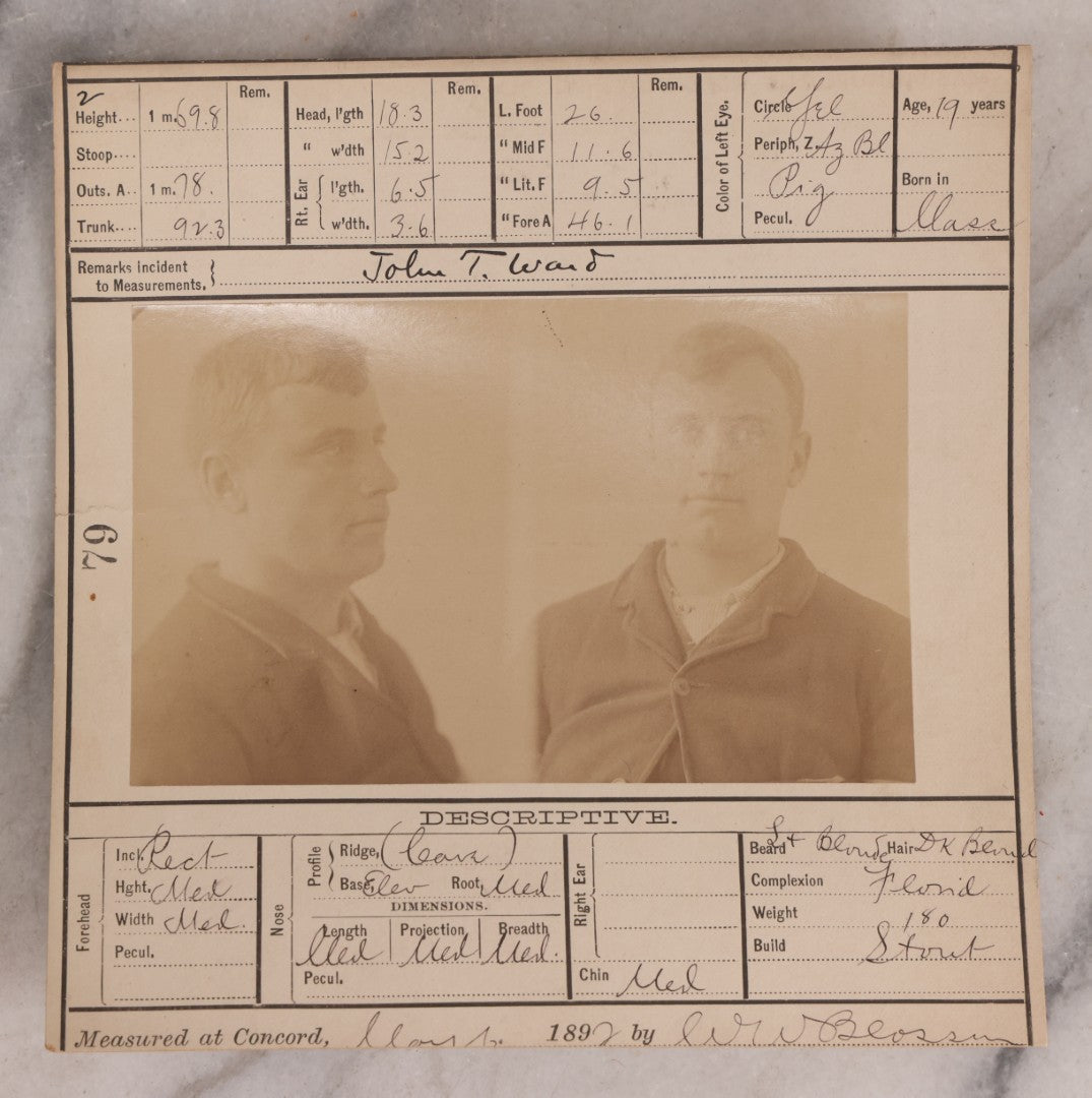 Lot 114 - Antique Real-Photo Police Mugshot And Arrest Card For John T. Ward, Arrested For Larceny, Massachusetts Reformatory, Concord, Massachusetts, 1892
