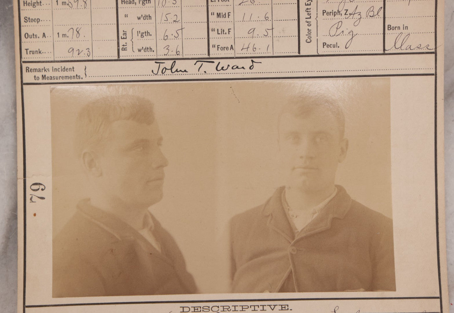 Lot 114 - Antique Real-Photo Police Mugshot And Arrest Card For John T. Ward, Arrested For Larceny, Massachusetts Reformatory, Concord, Massachusetts, 1892