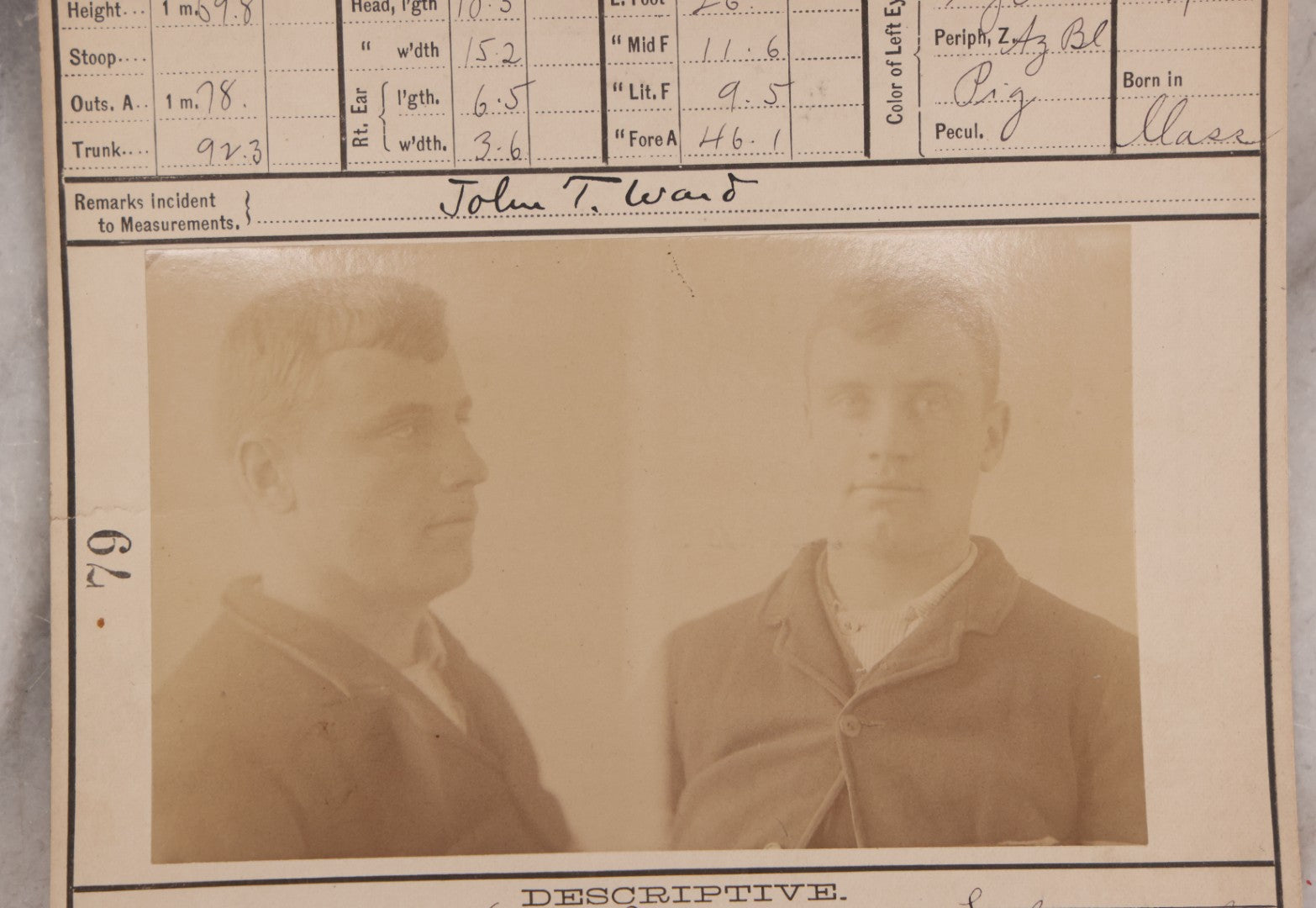 Lot 114 - Antique Real-Photo Police Mugshot And Arrest Card For John T. Ward, Arrested For Larceny, Massachusetts Reformatory, Concord, Massachusetts, 1892