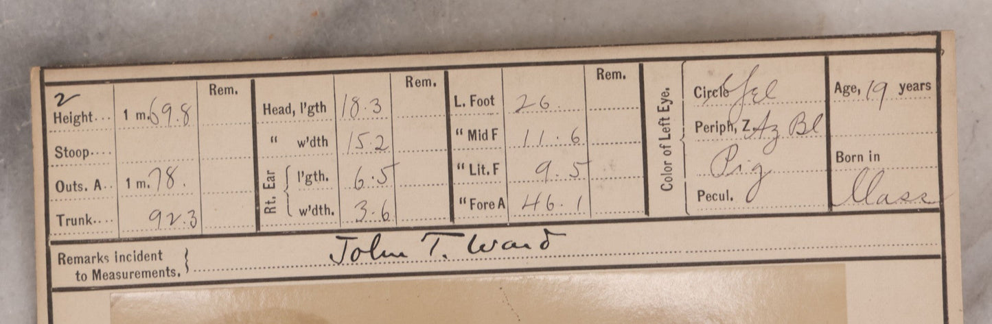 Lot 114 - Antique Real-Photo Police Mugshot And Arrest Card For John T. Ward, Arrested For Larceny, Massachusetts Reformatory, Concord, Massachusetts, 1892