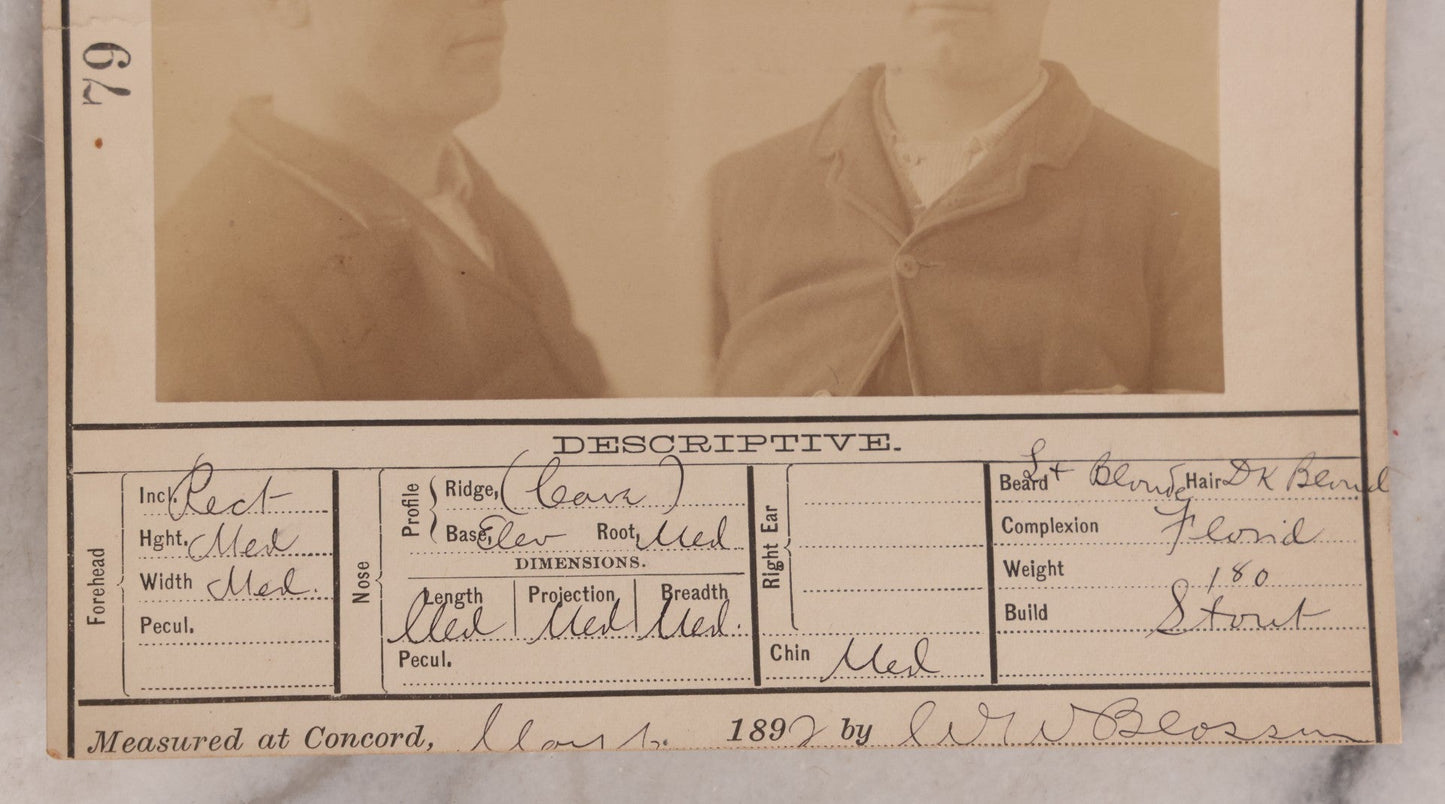 Lot 114 - Antique Real-Photo Police Mugshot And Arrest Card For John T. Ward, Arrested For Larceny, Massachusetts Reformatory, Concord, Massachusetts, 1892