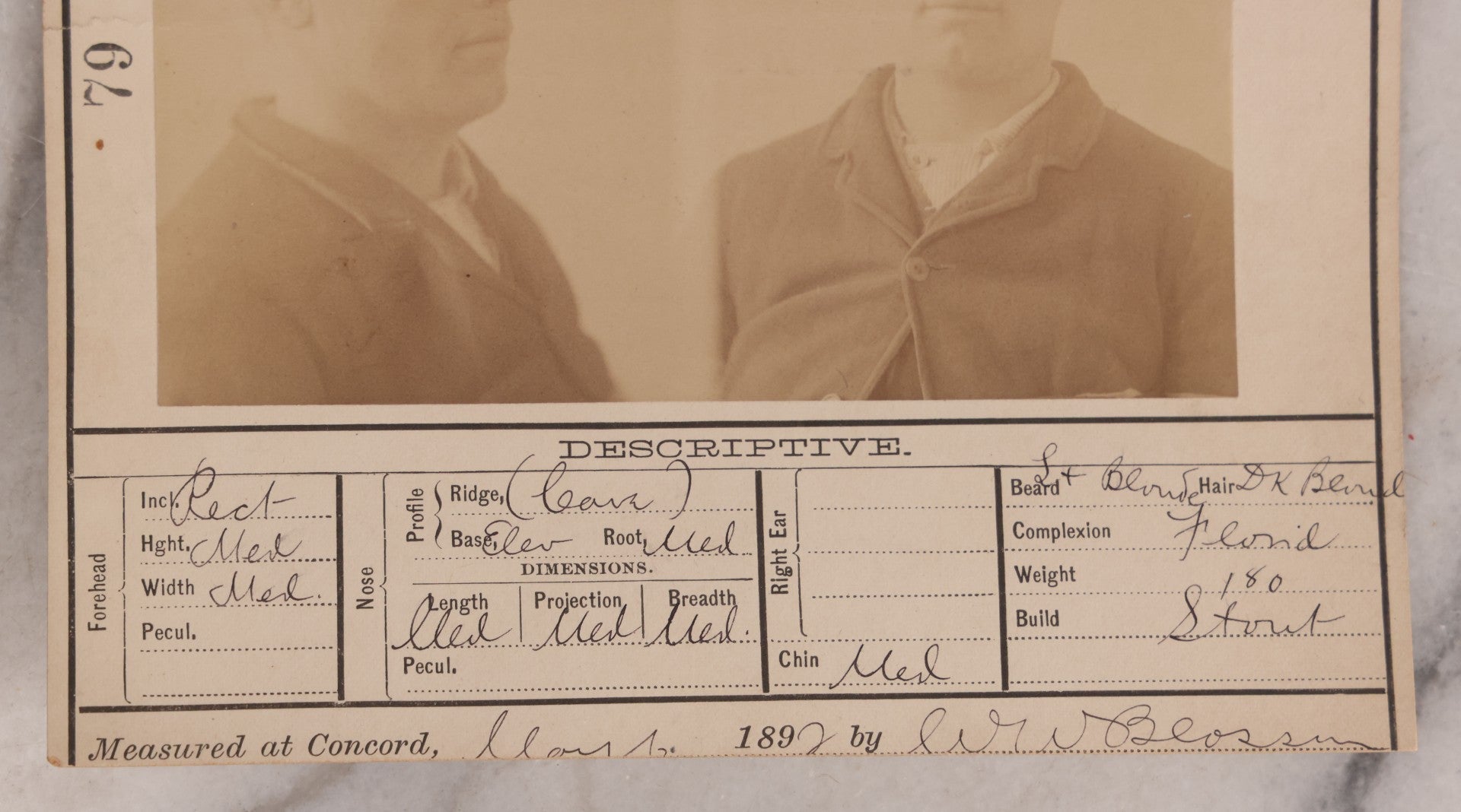 Lot 114 - Antique Real-Photo Police Mugshot And Arrest Card For John T. Ward, Arrested For Larceny, Massachusetts Reformatory, Concord, Massachusetts, 1892