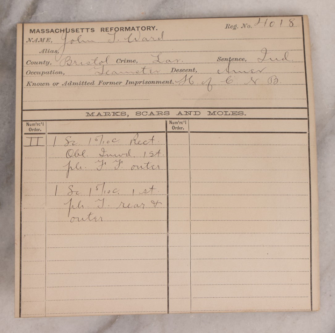 Lot 114 - Antique Real-Photo Police Mugshot And Arrest Card For John T. Ward, Arrested For Larceny, Massachusetts Reformatory, Concord, Massachusetts, 1892