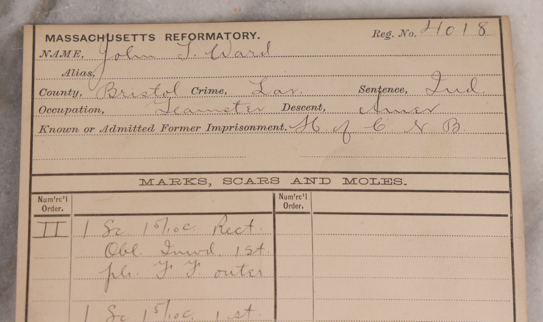 Lot 114 - Antique Real-Photo Police Mugshot And Arrest Card For John T. Ward, Arrested For Larceny, Massachusetts Reformatory, Concord, Massachusetts, 1892