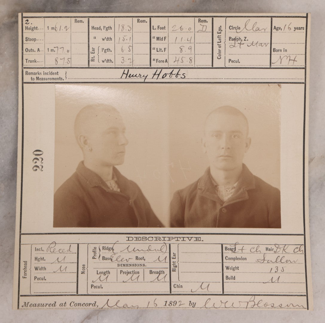 Lot 115 - Antique Real-Photo Police Mugshot And Arrest Card For Henry Hobbs, Arrested For Breaking And Entering, Massachusetts Reformatory, Concord, Massachusetts, 1892