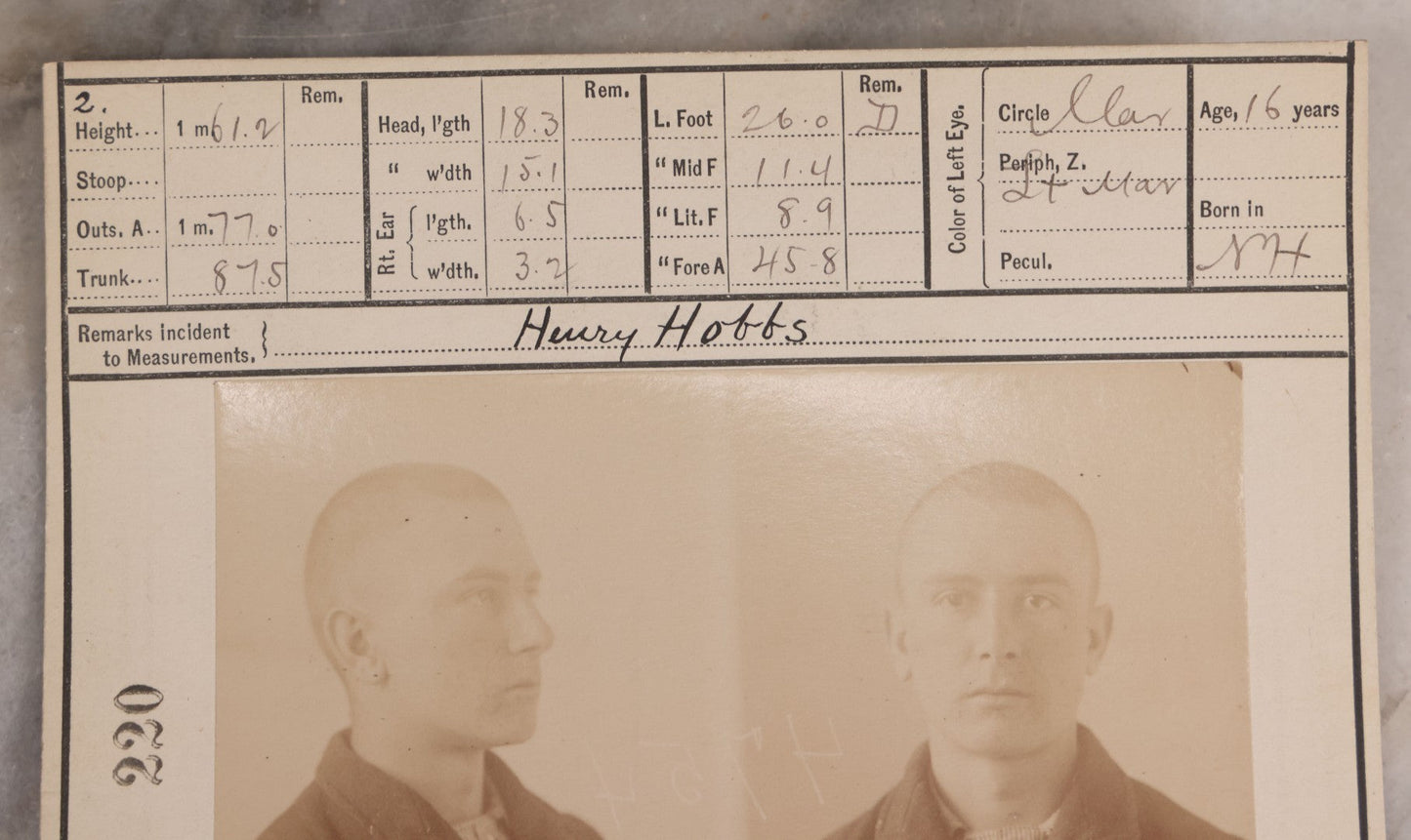 Lot 115 - Antique Real-Photo Police Mugshot And Arrest Card For Henry Hobbs, Arrested For Breaking And Entering, Massachusetts Reformatory, Concord, Massachusetts, 1892